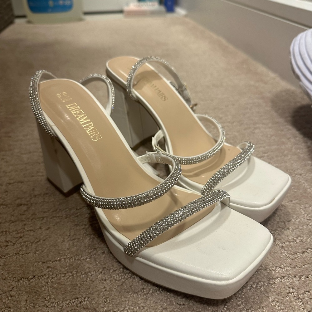 DREAM PARIS HEEL. Women's Elegant White and Silver rhinestone heels barely worn